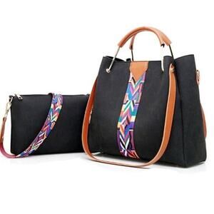 Women's Shoulder Bag 2 Pc Aztec Crossbody Wide Strap Gray Tote Boho NEW